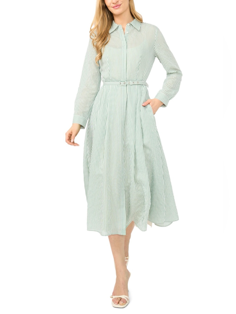 36. Ted Baker • NWOT $456 Striped Long-Sleeve Shirt Dress in Mint PTP 21” W 16”